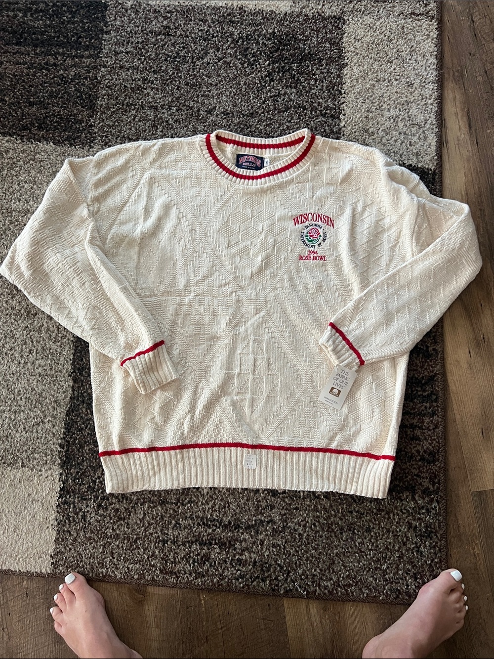 Wisconsin Embroidered Crewneck Sweater - Cream with Red Trim 1994